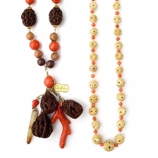 Appraisal: A collection of two carved Chinese bead necklaces length bone