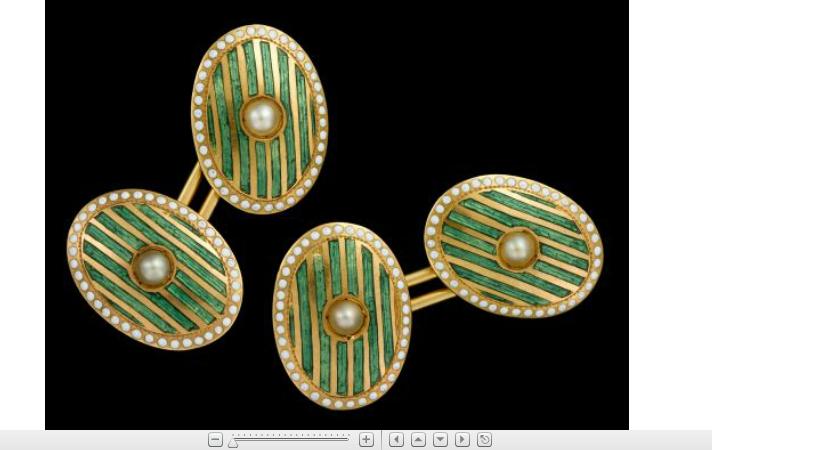 Appraisal: karat yellow gold green guilloche enamel and seed pearl cufflinksca