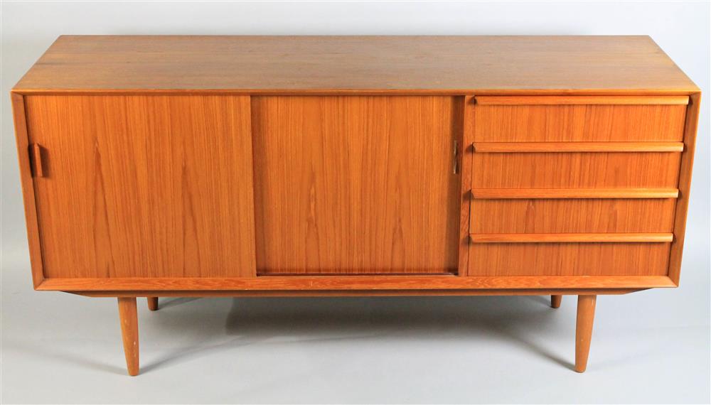 Appraisal: DANISH MODERN TEAK CREDENZA on raised legs with column of