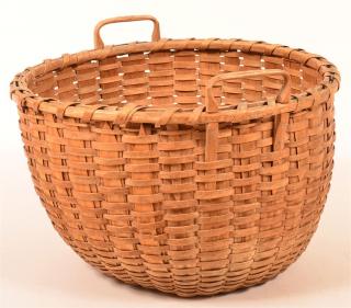 Appraisal: Antique Woven Oak Splint Circular Field Basket Double carved handles