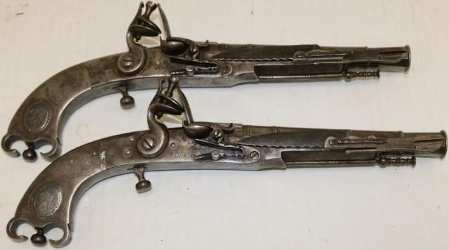 Appraisal: PAIR OF LATE TH C SCOTTISH FLINTLOCK PISTOLS CALIBER PART