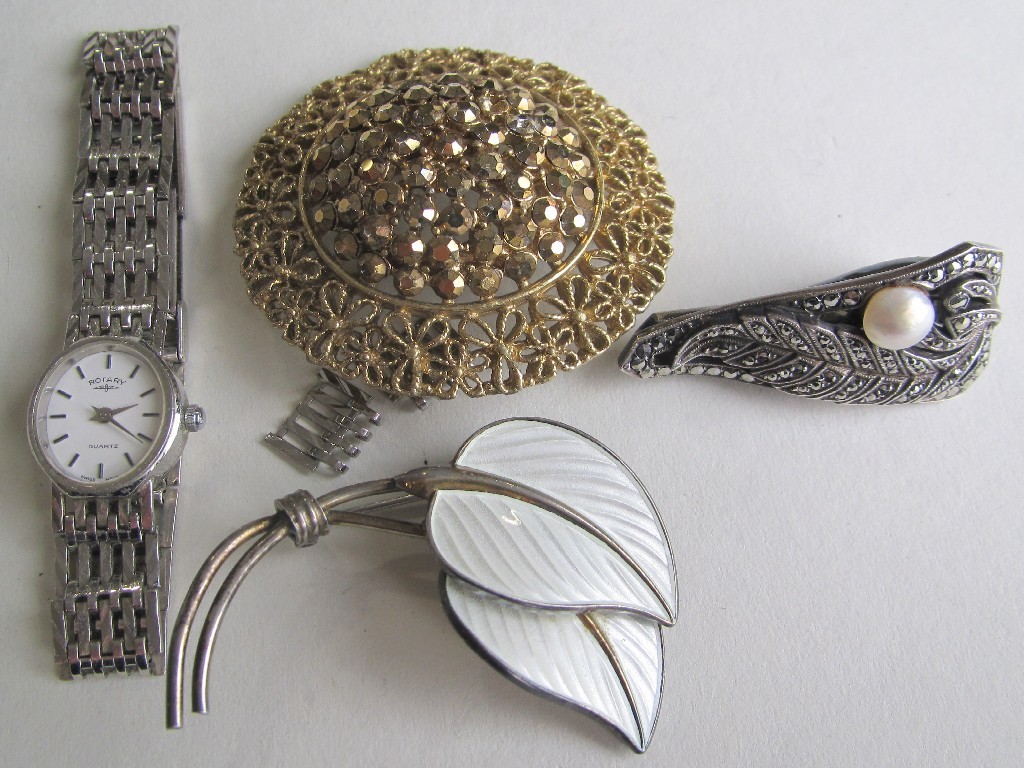 Appraisal: Lot comprising Norwegian silver and enamel leaf brooch marcasite dress