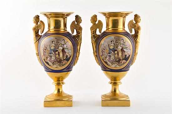 Appraisal: Pair French porcelain urns vasiform decorated with central Classical scenes