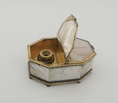 Appraisal: A modern silvergilt mounted mother of pearl inkstand in the