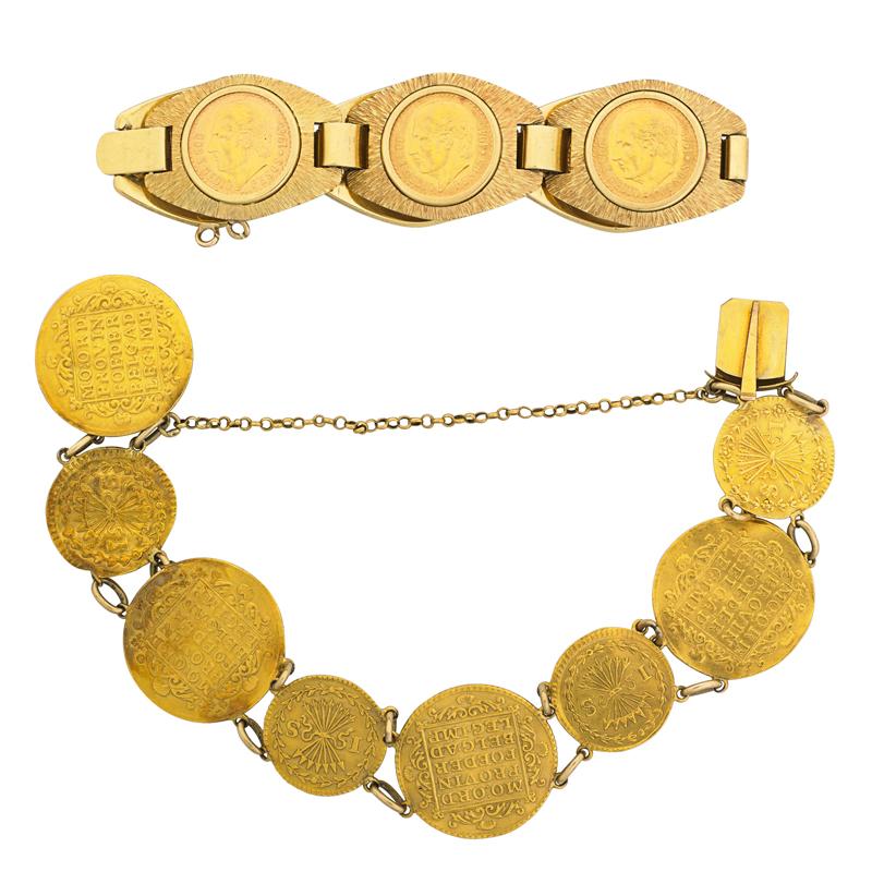 Appraisal: TWO HIGH CARAT GOLD COIN BRACELETS Condition Report