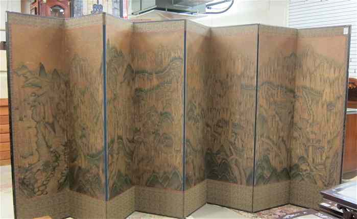 Appraisal: CHINESE EIGHT PANEL FLOOR SCREEN with hand painted mountain landscape