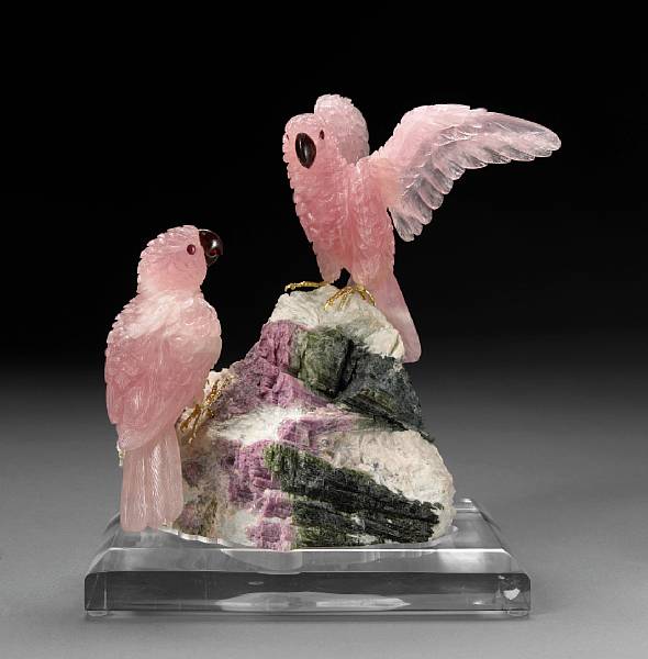 Appraisal: Rose Quartz Carving of a Pair of Parrots By Peter