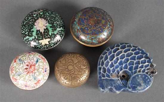 Appraisal: Four Chinese rouge pots and a glazed ceramic fish-form ink