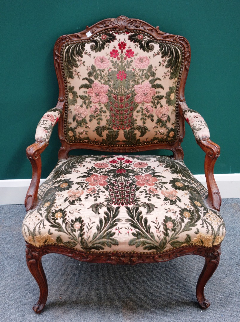 Appraisal: M Cresson a Louis XV stained beech open arm fauteuil