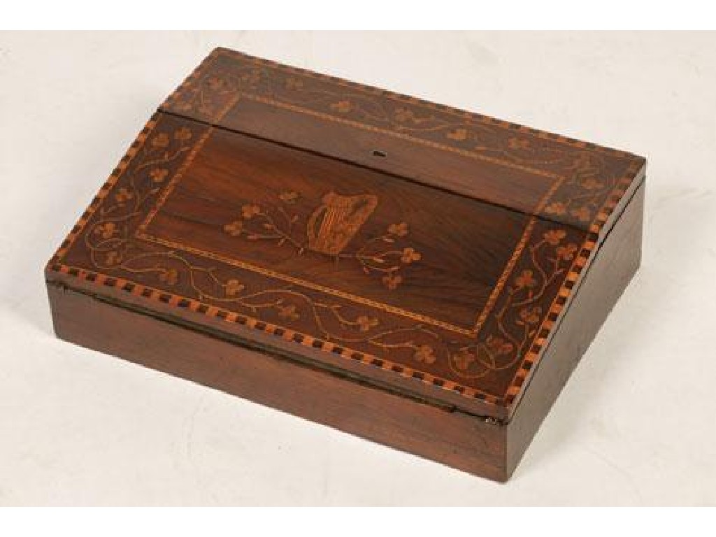 Appraisal: A KILLARNEY YEW WOOD AND MARQUETRY WRITING SLOPE the fall