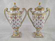 Appraisal: A pair of Dresden covered urns on square bases blue