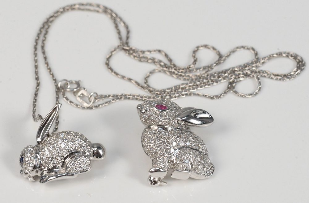 Appraisal: Two Karat White Gold Rabbit Pendants Brooch encrusted with diamonds