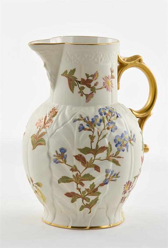 Appraisal: Royal Worcester porcelain pitcher dated molded bulbous body painted with