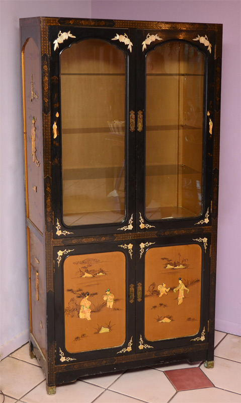 Appraisal: STONE INLAY CHINOISERIE DISPLAY CABINET Illuminated top with mother of