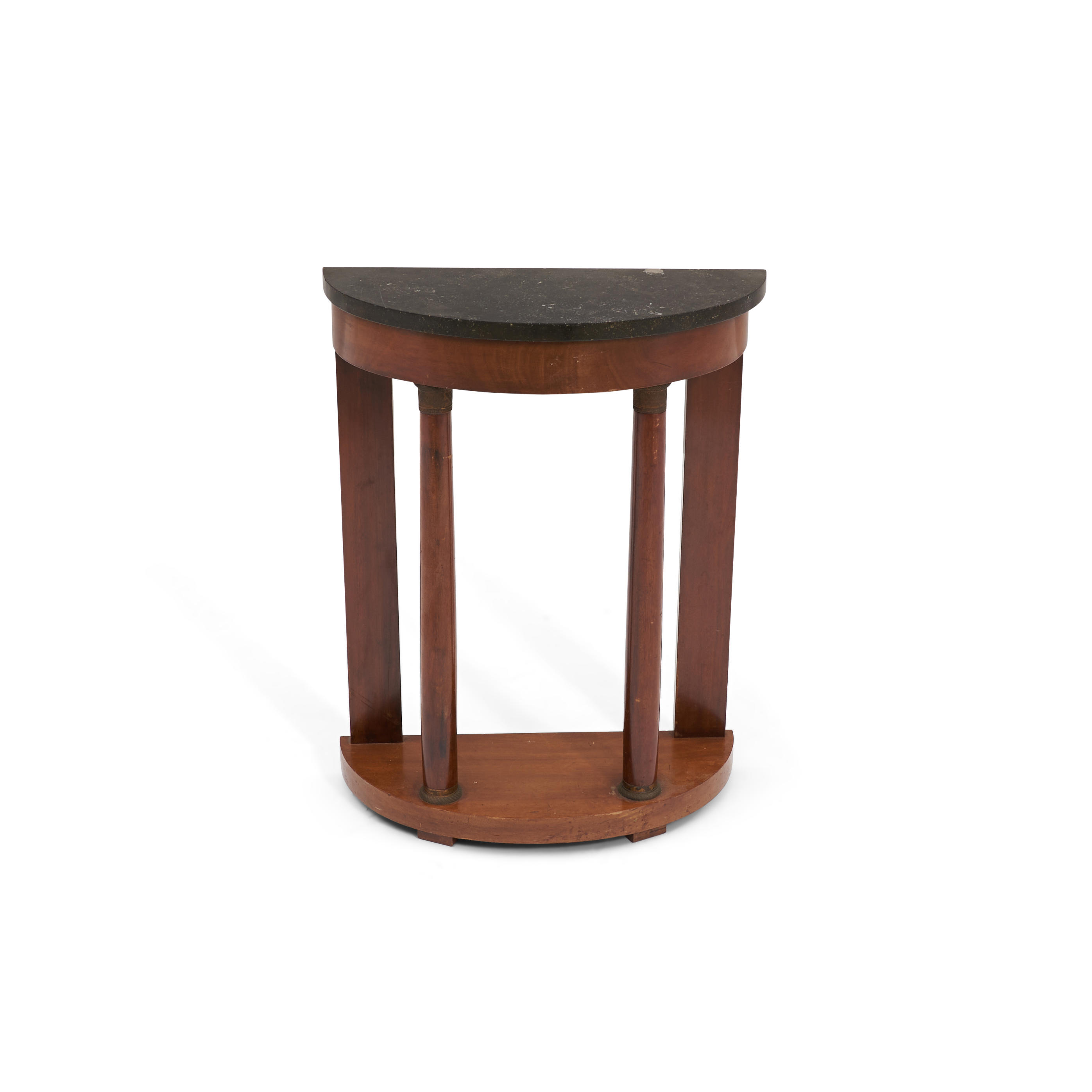 Appraisal: Empire-style Mahogany Marble-top Demilune Side Table with free-standing column supports