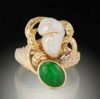 Appraisal: A Ladies' Jade and Pearl Ring k yellow gold freeform