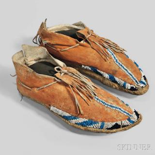 Appraisal: Apache Beaded Hide Moccasins c with thick rawhide soles orange