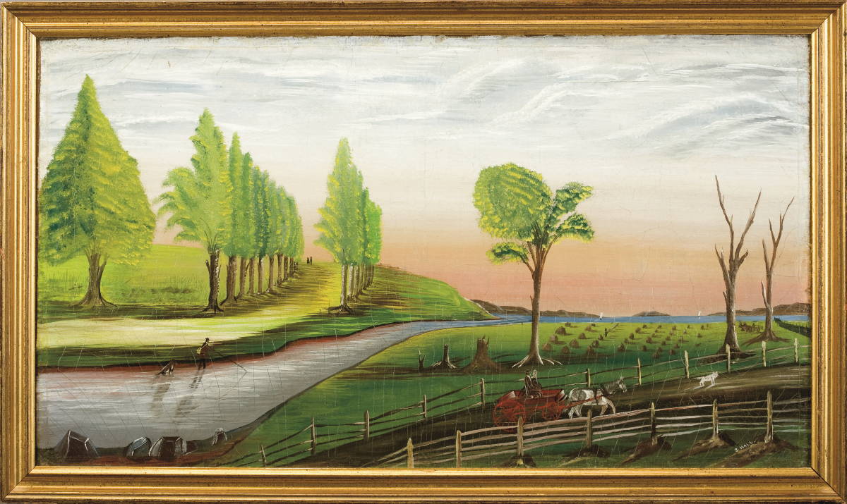 Appraisal: PRIMITIVE LANDSCAPE WITH RIVER AND HORSEDRAWN WAGON Oil on canvas