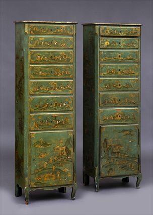 Appraisal: PAIR OF ROCOCO-STYLE GREEN LACQUER SEMAINIERS Each containing drawers above