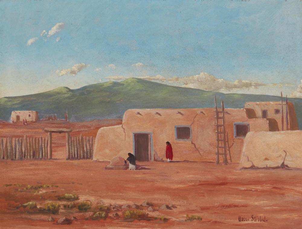 Appraisal: Oscar Strobel - Scottsdale AZ Adobe scene with figures Oil