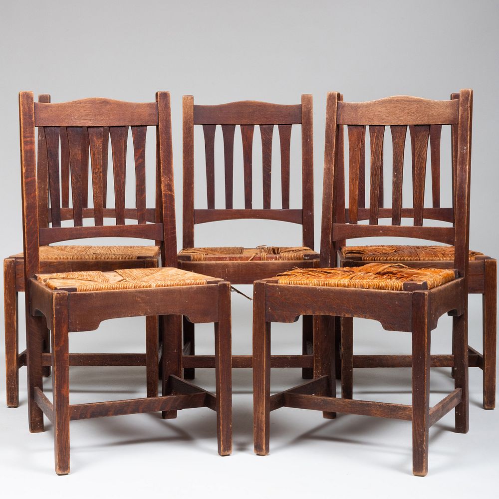 Appraisal: Set of Five Mission Oak Side Chairs with Rush Seats