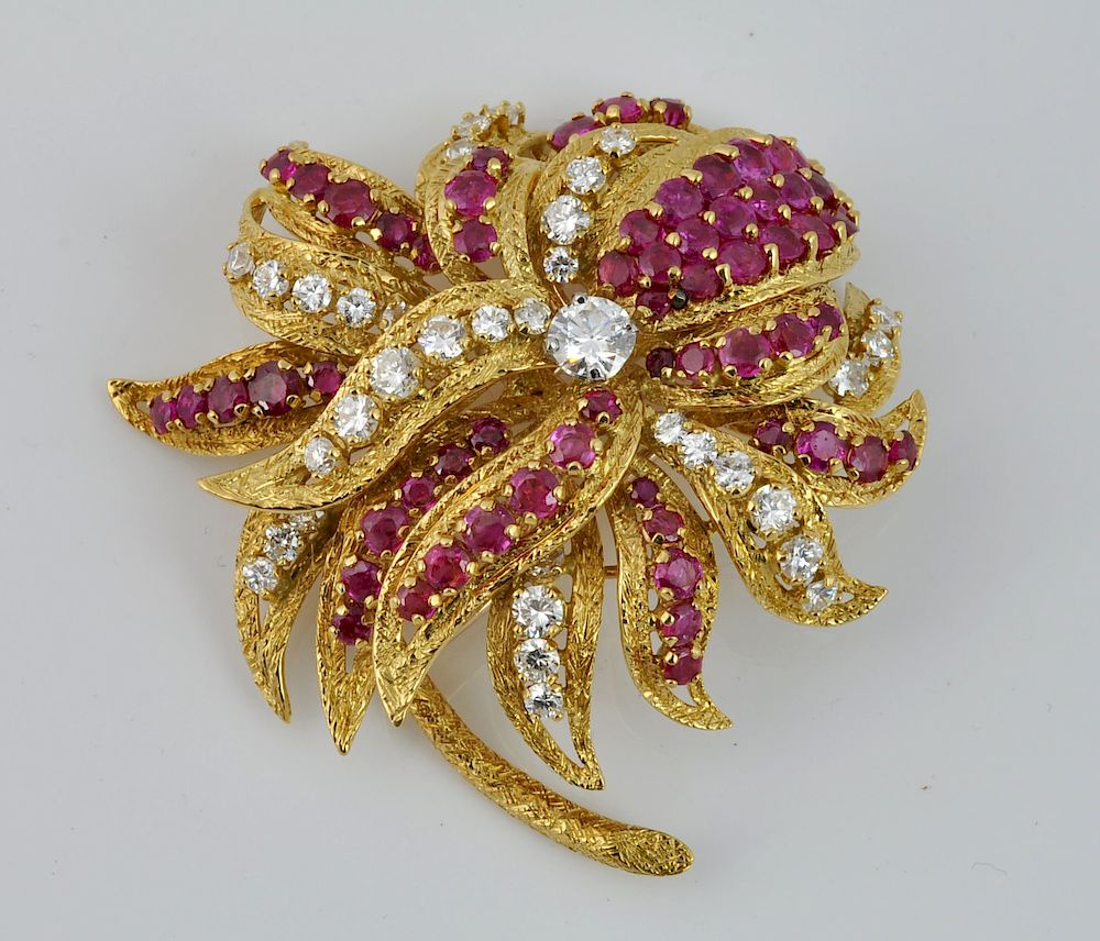 Appraisal: Kutchinsky kt Gold Diamond Ruby Brooch kt yellow gold signed