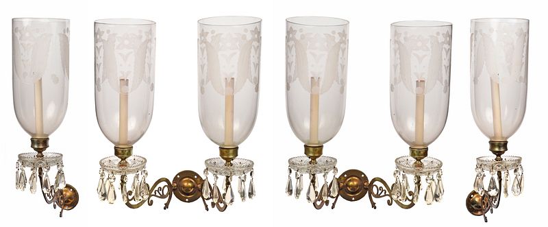 Appraisal: Suite of Four Brass and Etched Glass Wall Lights probably