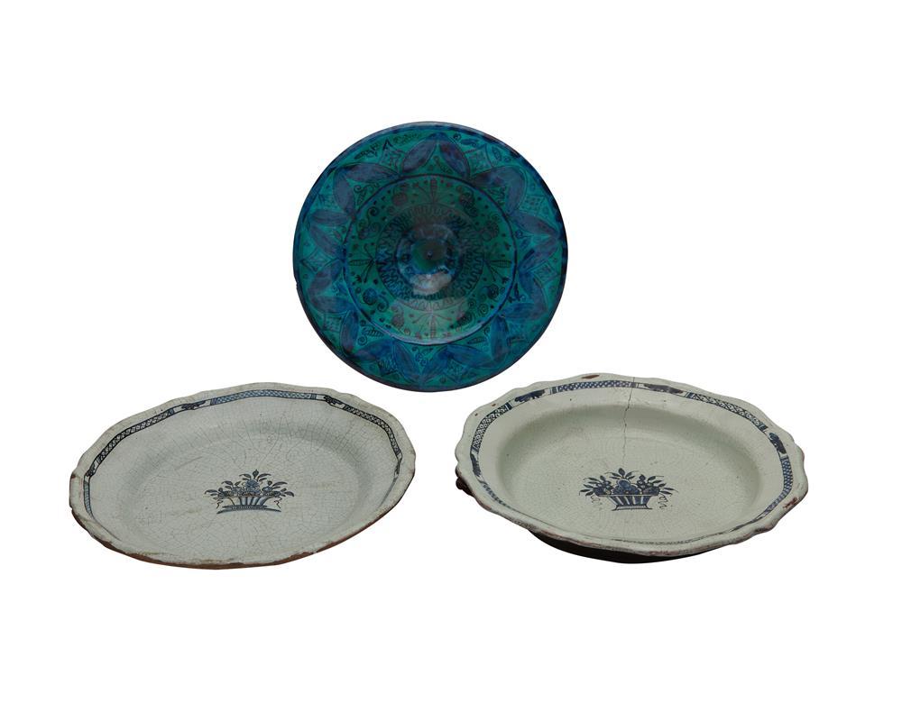 Appraisal: Persian Turquoise Earthenware Bowl together with Two Continental Tin Glazed