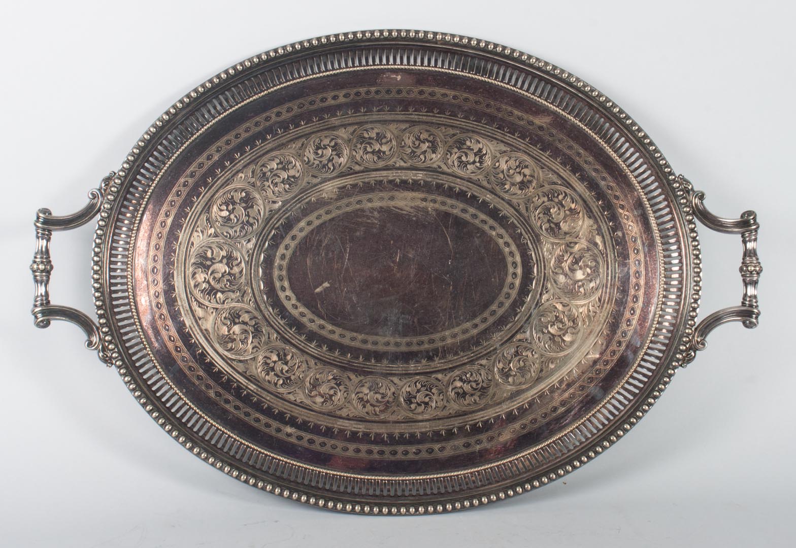 Appraisal: English silver-plated double handled tea tray th century with engraved