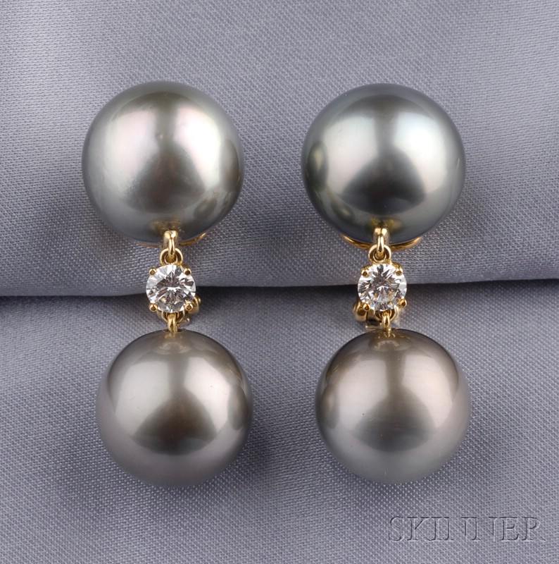 Appraisal: kt Gold South Sea Pearl and Diamond Earpendants each designed