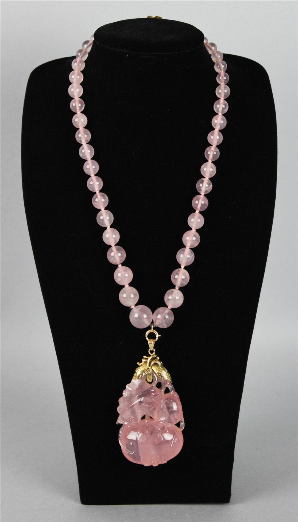 Appraisal: CHINESE ARTS AND CRAFTS YELLOW GOLD AND ROSE QUARTZ NECKLACE