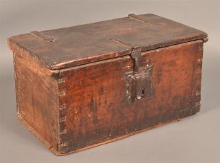 Appraisal: th Century Iron Mounted Wood Lock Box Softwood with dovetailed