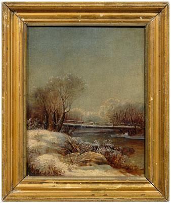 Appraisal: th century American School painting winter landscape with icy bridge