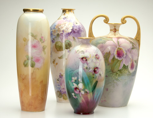 Appraisal: WILLETTS LENOX Four tall vases three painted by Walter Marsh