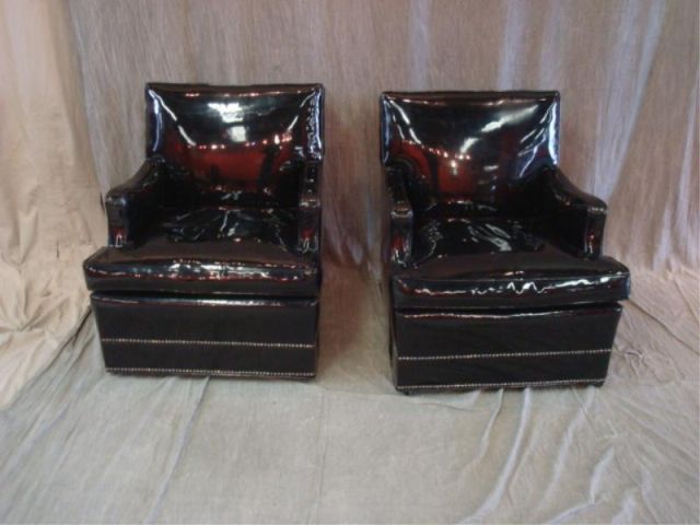 Appraisal: Pair of Black Upholstered Club Chairs Patent Leather From a