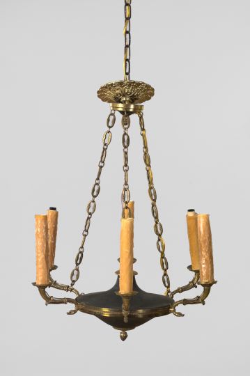 Appraisal: French Matte Black-Painted and Gilded Brass Six-Light Chandelier second quarter