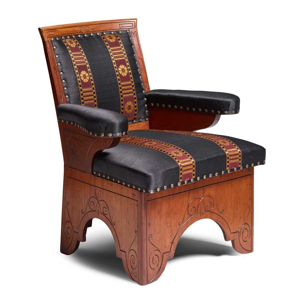 Appraisal: ENGLISH ART FURNITURE ARMCHAIR CIRCA walnut with later horsehair and