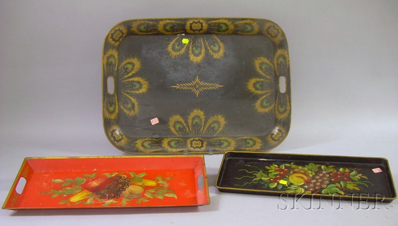 Appraisal: Three Hand-painted Fruit and Peacock Feather Decorated Tin Trays