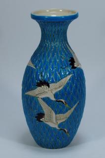 Appraisal: Japanese Satsuma Flying Crane Porcelain Vase JAPAN EARLY TH CENTURY