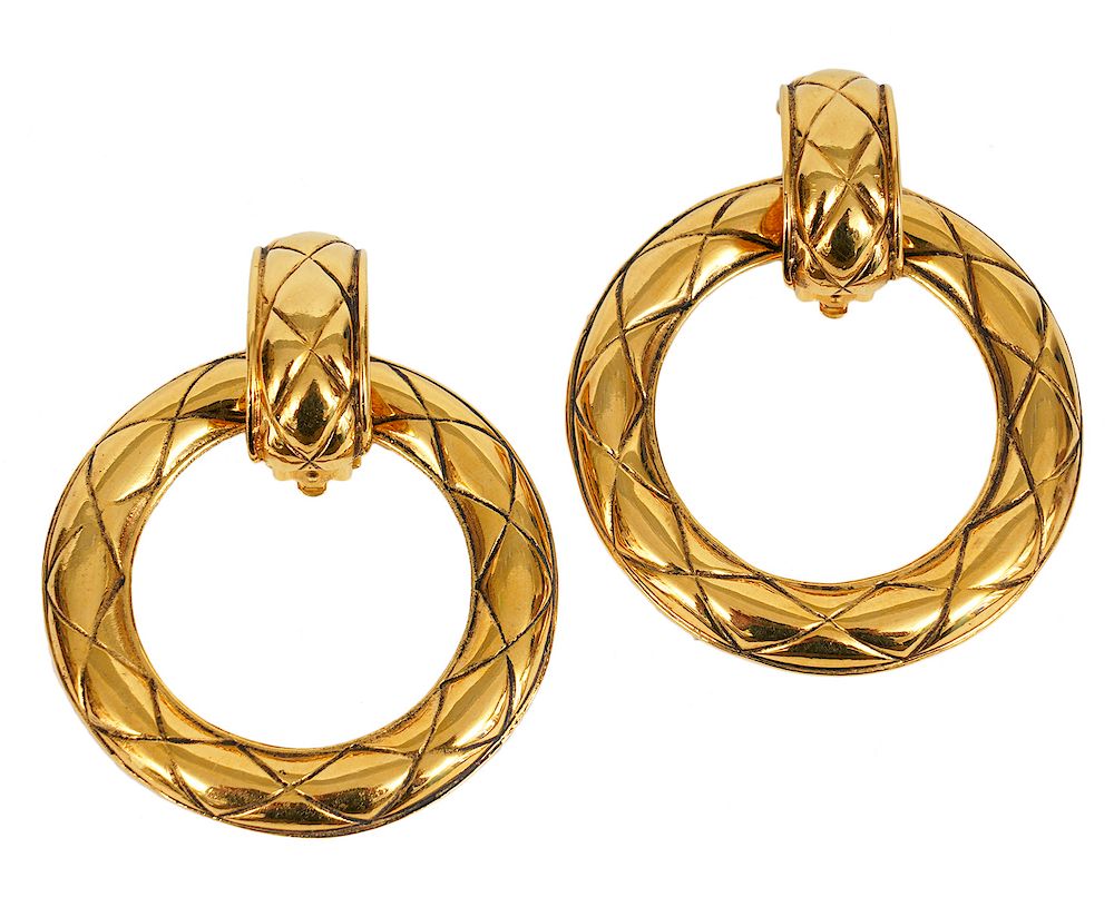 Appraisal: Chanel Gold Quilted Hoop Huggie Earrings Chanel gold clip on