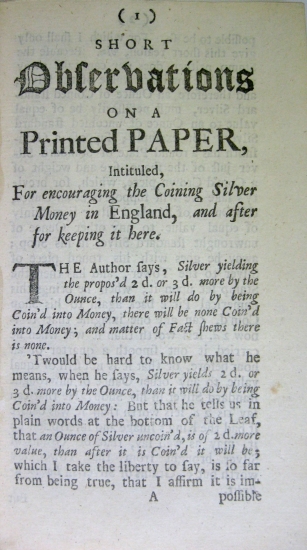 Appraisal: LOCKE JOHN Short Observations on a Printed Paper Intituled For