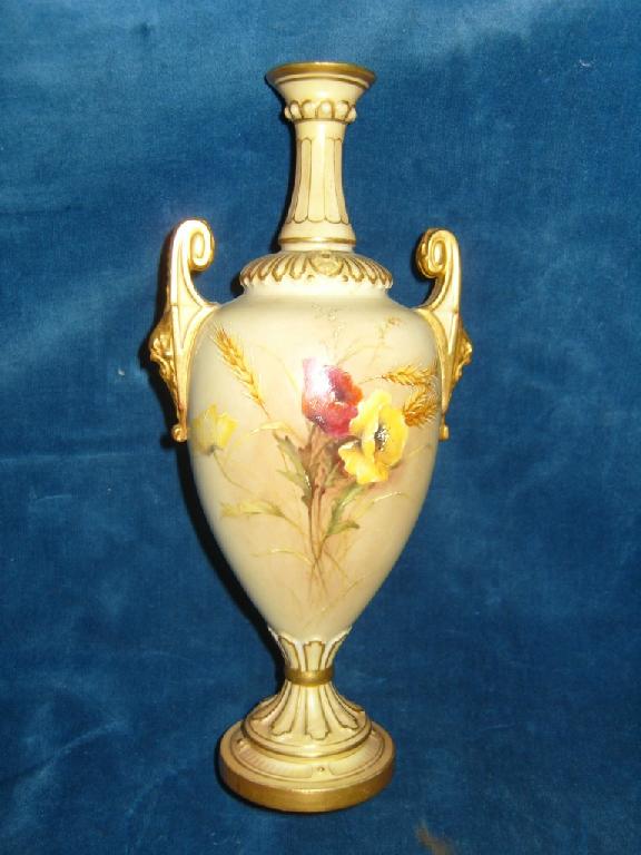 Appraisal: A Royal Worcester -handled vase of slender urn shaped form