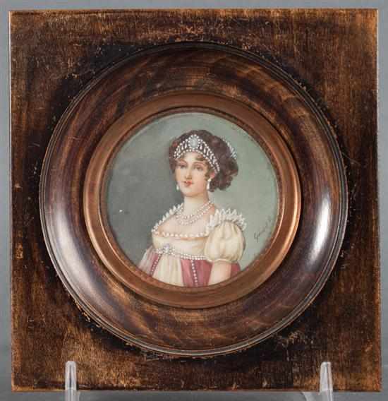 Appraisal: French School Round portrait miniature of Caroline Bonaparte gouache on