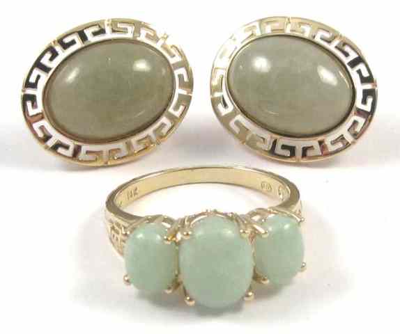 Appraisal: THREE ARTICLES OF LIGHT GREEN JADE JEWELRY including a ring