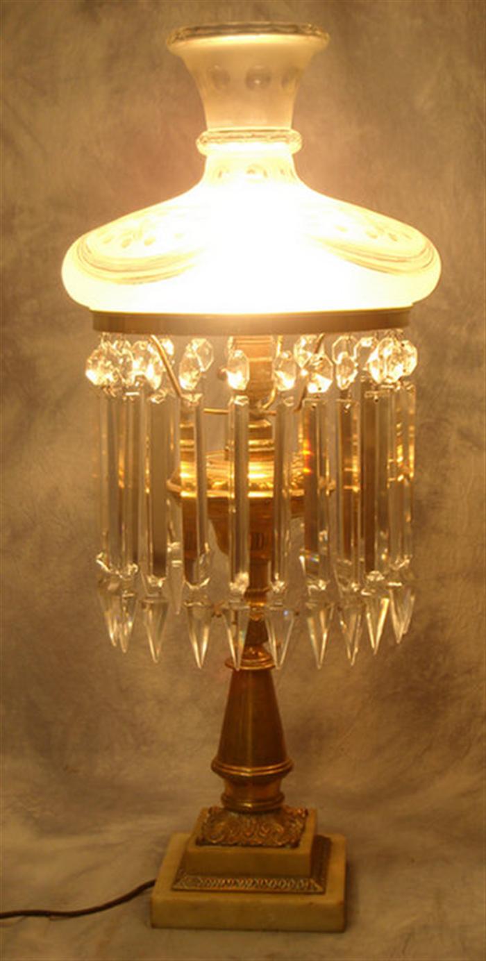 Appraisal: Brass and marble solar lamp etched shade h electrified Estimate