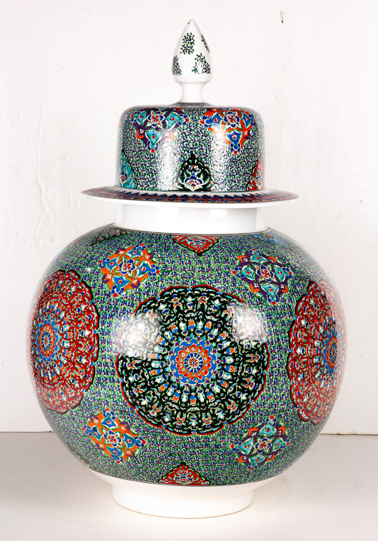 Appraisal: LARGE MARMARA GINI TURKING ENAMELED POTTERY URN WITH COVER Large