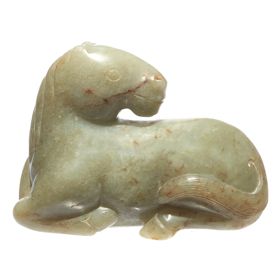 Appraisal: CHINESE CELADON JADE HORSE Chinese celadon jade horse the recumbent