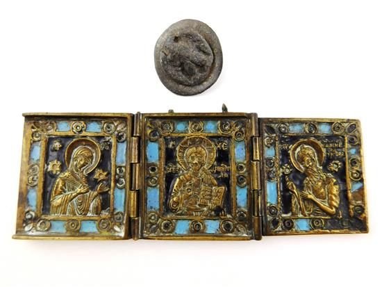 Appraisal: Early icon and button Russian pocket triptych brass and cobalt