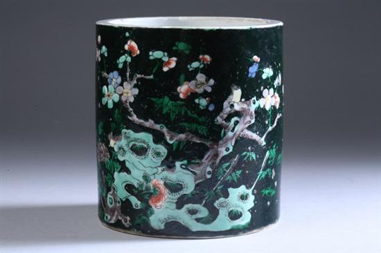 Appraisal: CHINESE FAMILLE NOIRE PORCELAIN BRUSH HOLDER Kangxi period Floral decoration