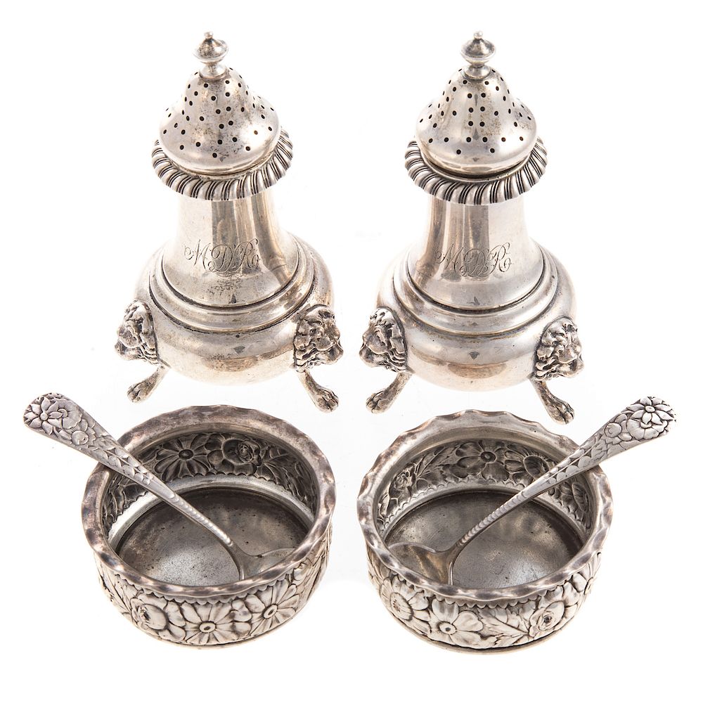 Appraisal: Pair Gorham Salt Cellars Matching Spoons c Pair Gorham sterling